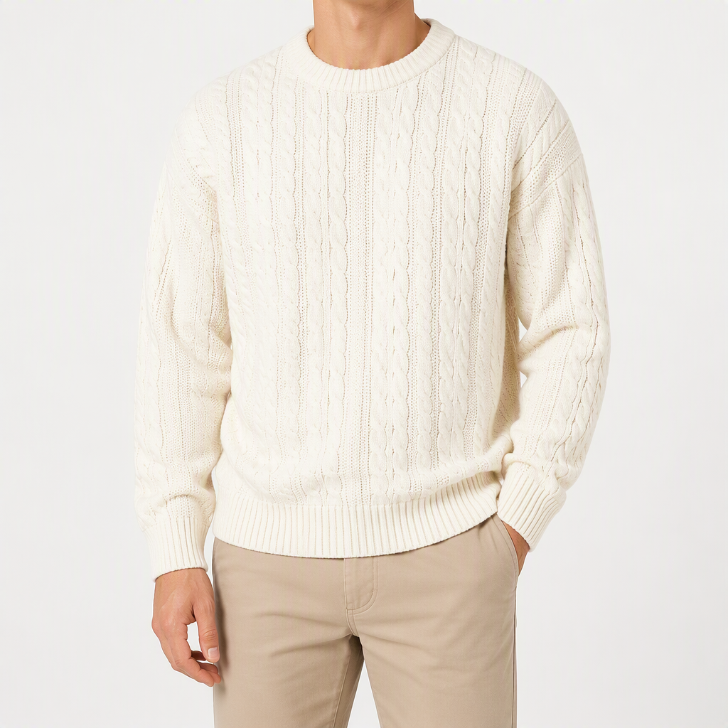 Brady | Mens Cable Knit Sweater Round Neck Loose Pullover, Cream