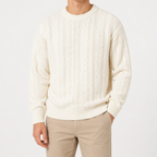 Brady | Mens Cable Knit Sweater Round Neck Loose Pullover, Cream