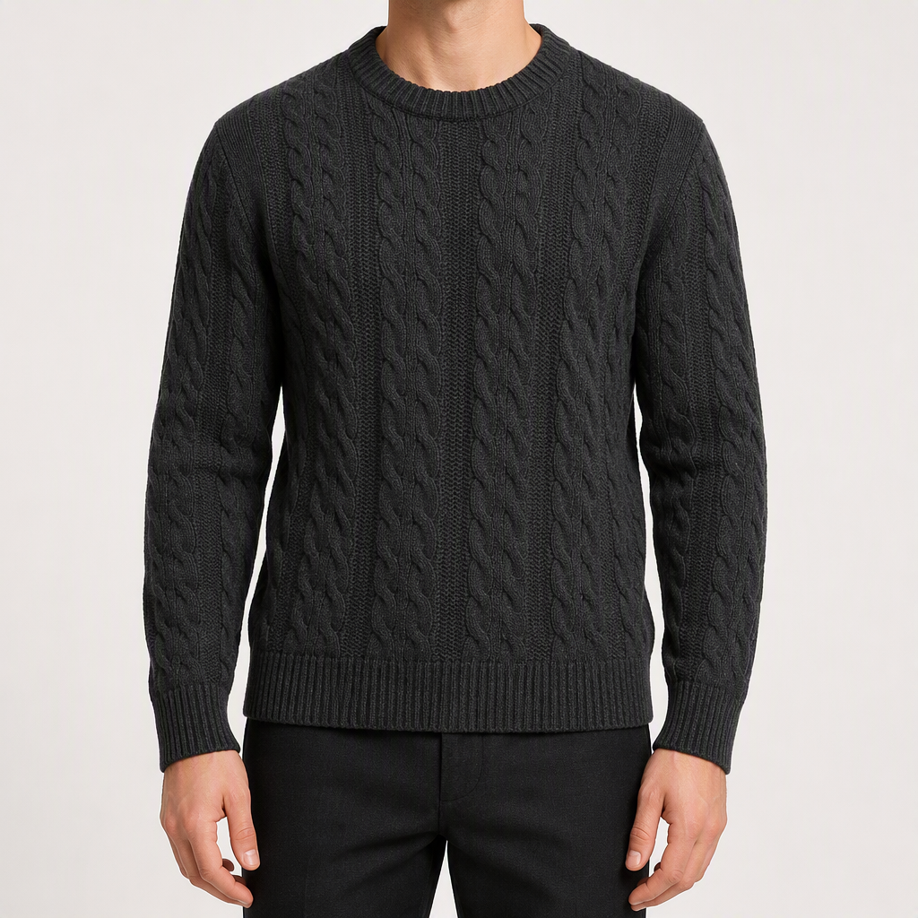 Brady | Mens Cable Knit Sweater Round Neck Loose Pullover, Dark Grey