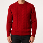 Brady | Mens Cable Knit Sweater Round Neck Loose Pullover, Red