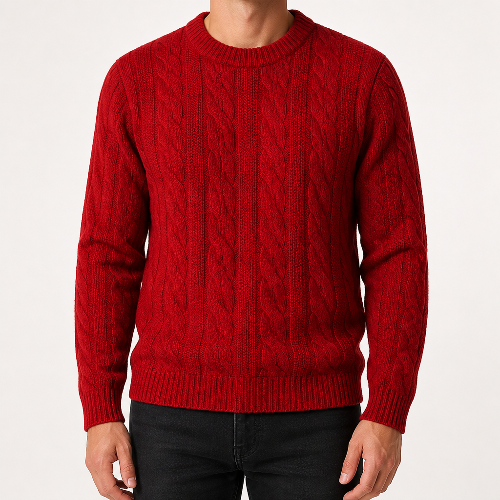 Brady | Mens Cable Knit Sweater Round Neck Loose Pullover, Red
