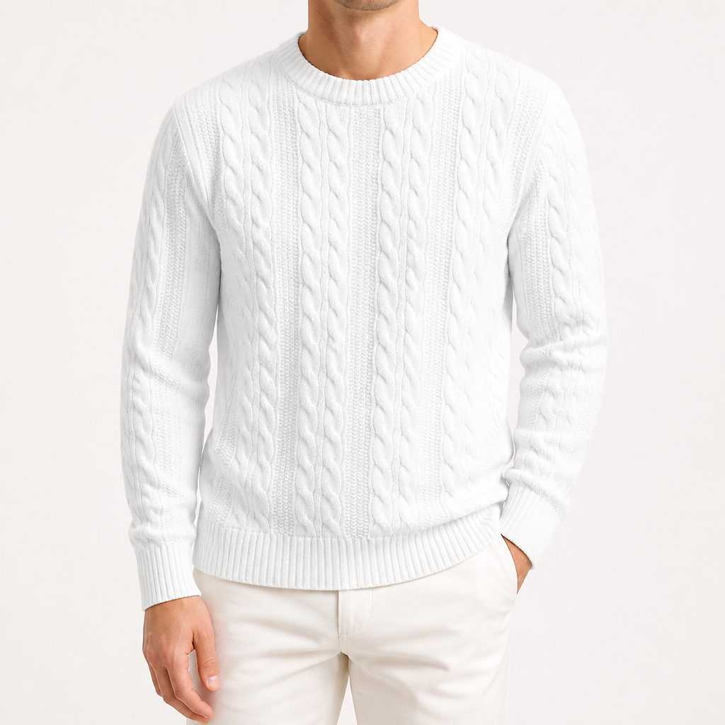 Brady | Mens Cable Knit Sweater Round Neck Loose Pullover, White