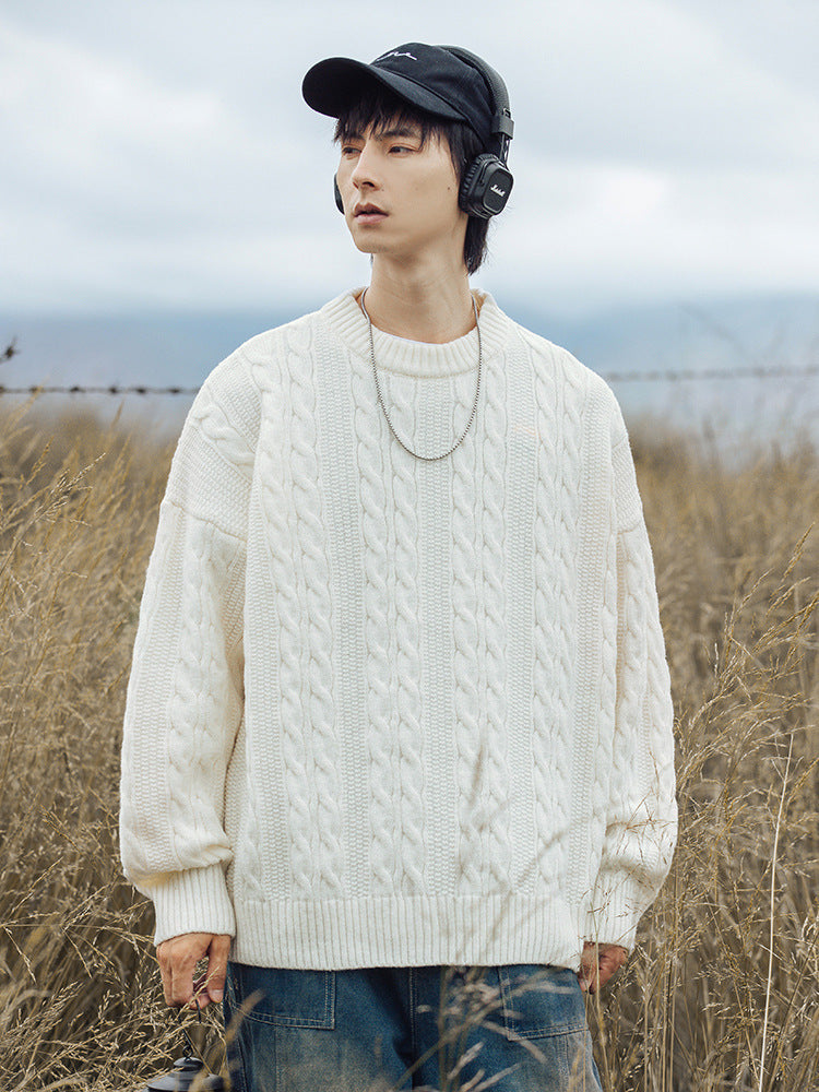 Brady | Mens Cable Knit Sweater Round Neck Loose Pullover