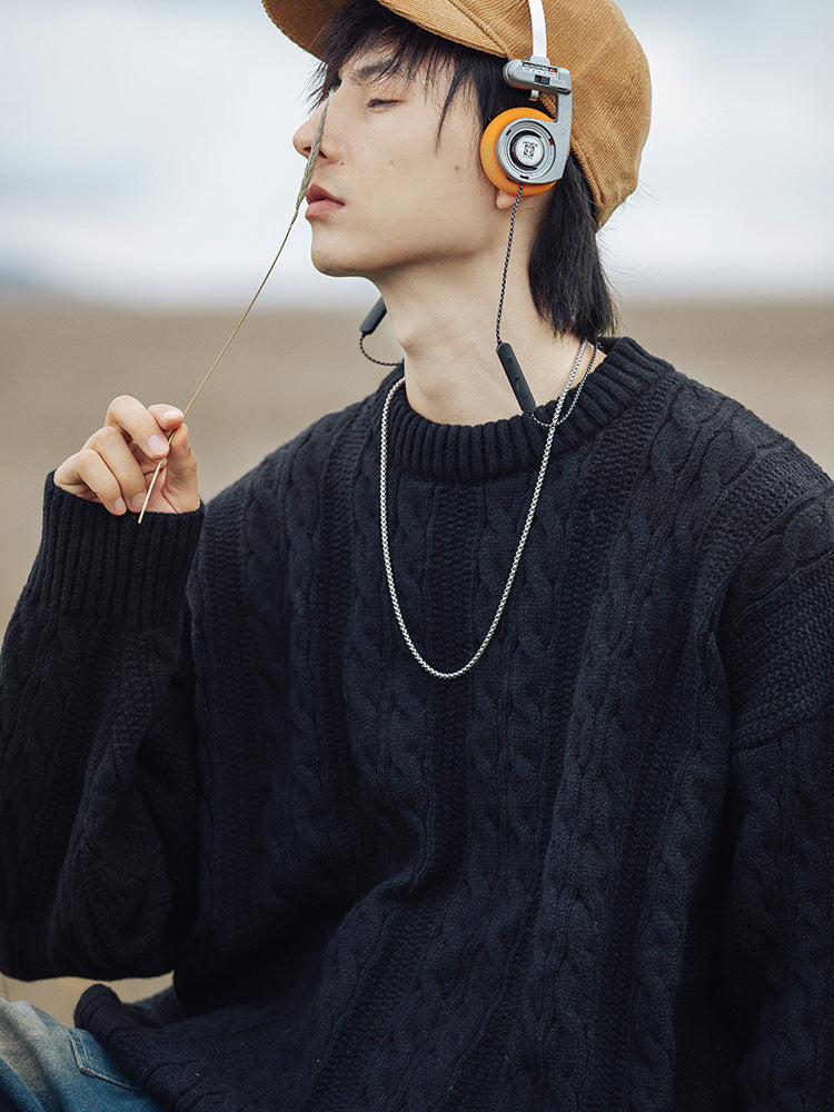 Brady | Mens Cable Knit Sweater Round Neck Loose Pullover