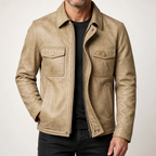 Brent | Mens Leather Jacket Motorcycle Biker Stand Collar Coat, Khaki 4