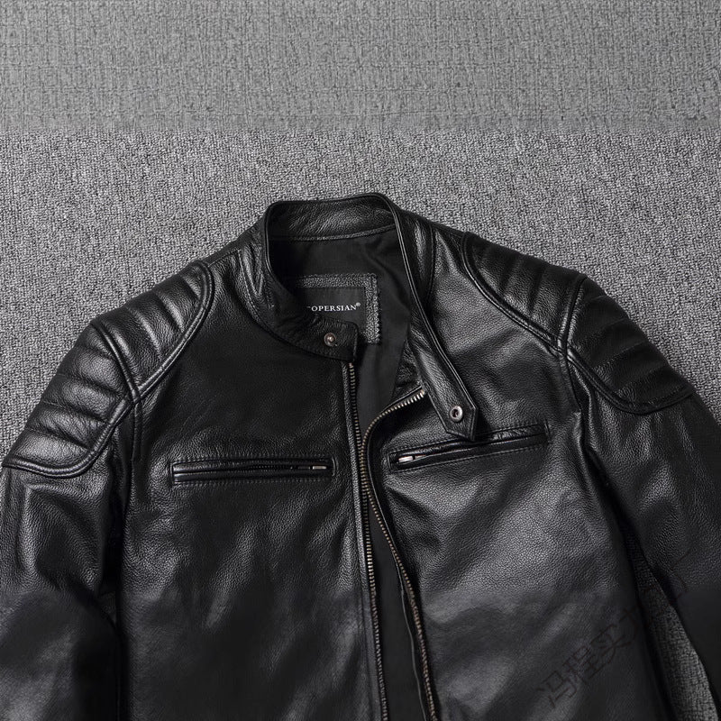 Brent | Mens Leather Jacket Motorcycle Biker Stand Collar Coat