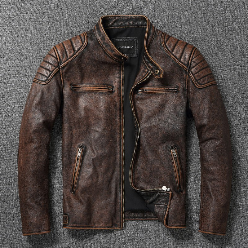 Brent | Mens Leather Jacket Motorcycle Biker Stand Collar Coat