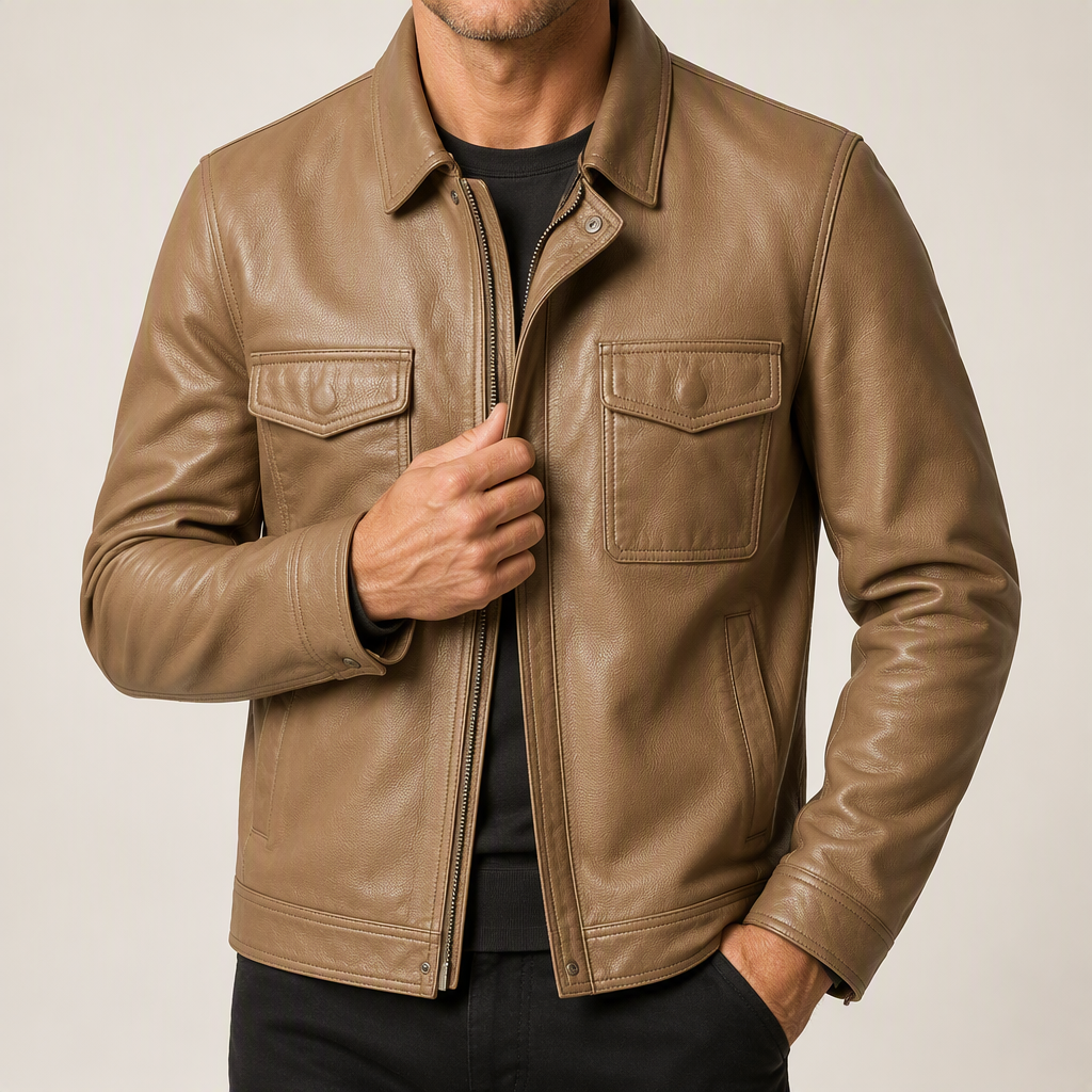 Brent | Mens Leather Jacket Motorcycle Biker Stand Collar Coat, Khaki 3