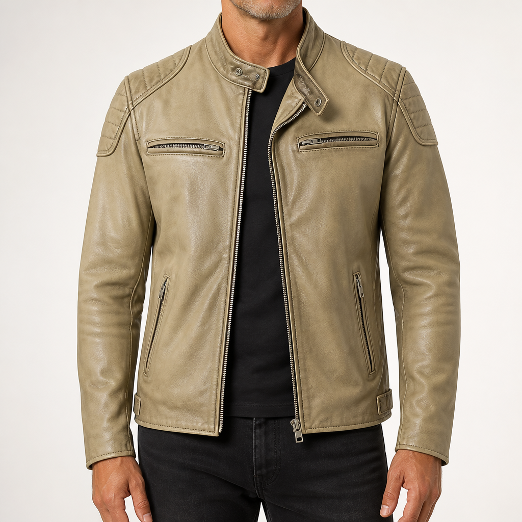 Brent | Mens Leather Jacket Motorcycle Biker Stand Collar Coat, Khaki 2