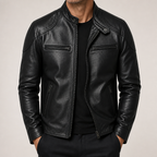 Brent | Mens Leather Jacket Motorcycle Biker Stand Collar Coat, Black