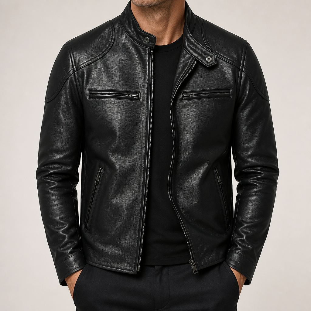 Brent | Mens Leather Jacket Motorcycle Biker Stand Collar Coat, Black