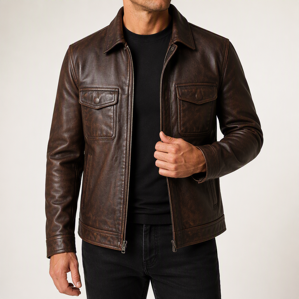 Brent | Mens Leather Jacket Motorcycle Biker Stand Collar Coat, Brown