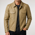 Brent | Mens Leather Jacket Motorcycle Biker Stand Collar Coat, Khaki