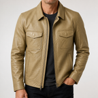 Brent | Mens Leather Jacket Motorcycle Biker Stand Collar Coat, Khaki