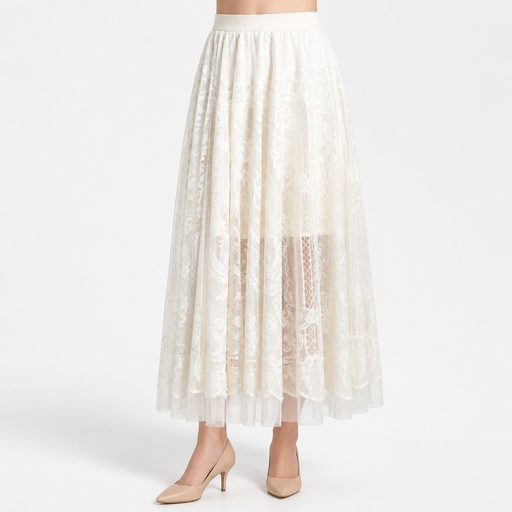 Brielle | Womens A Line High Waisted Beaded Tulle Long Maxi Skirt, Apricot