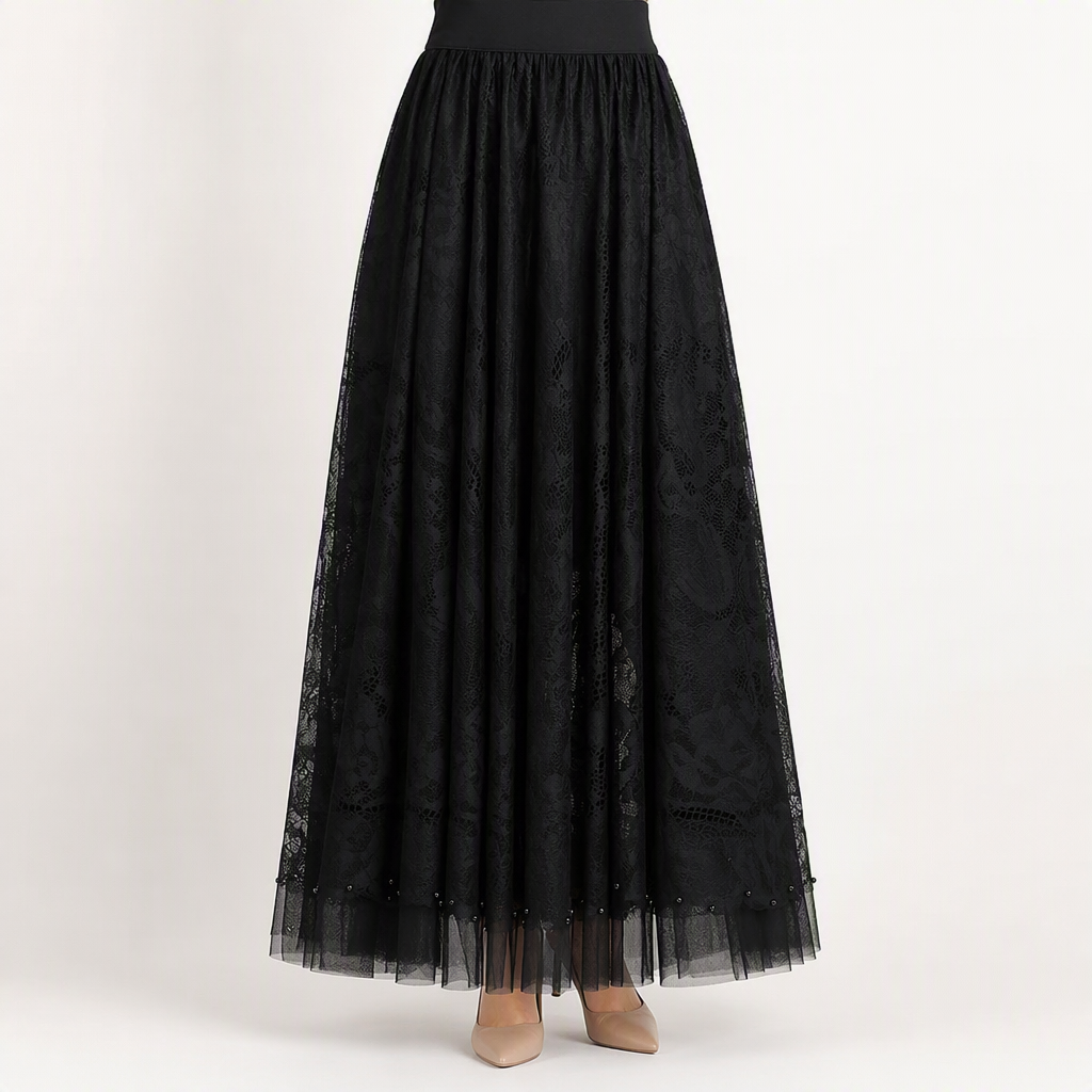 Brielle | Womens A Line High Waisted Beaded Tulle Long Maxi Skirt, Black