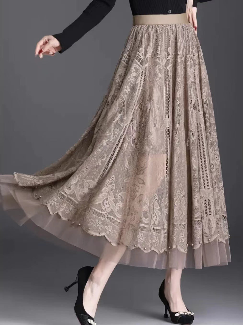 Brielle | Womens A Line High Waisted Beaded Tulle Long Maxi Skirt