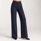 Briony | Womens Work Wide Leg High Waisted Striped Trousers, Dark Blue