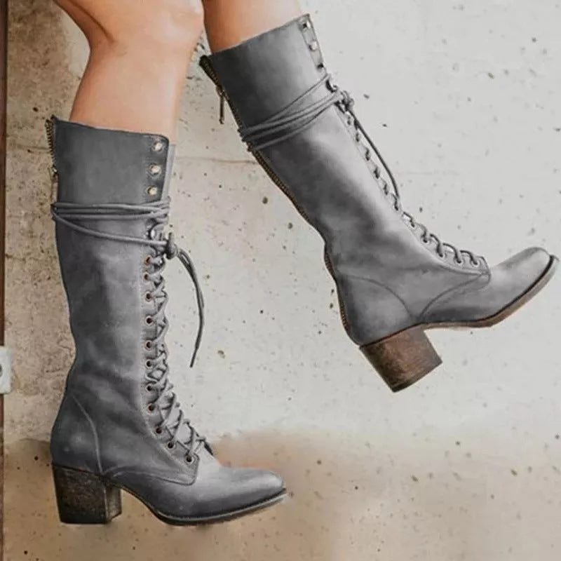 Brooklynn | Womens Warm Lined Lace Up Block Heel Knee High Winter Boots