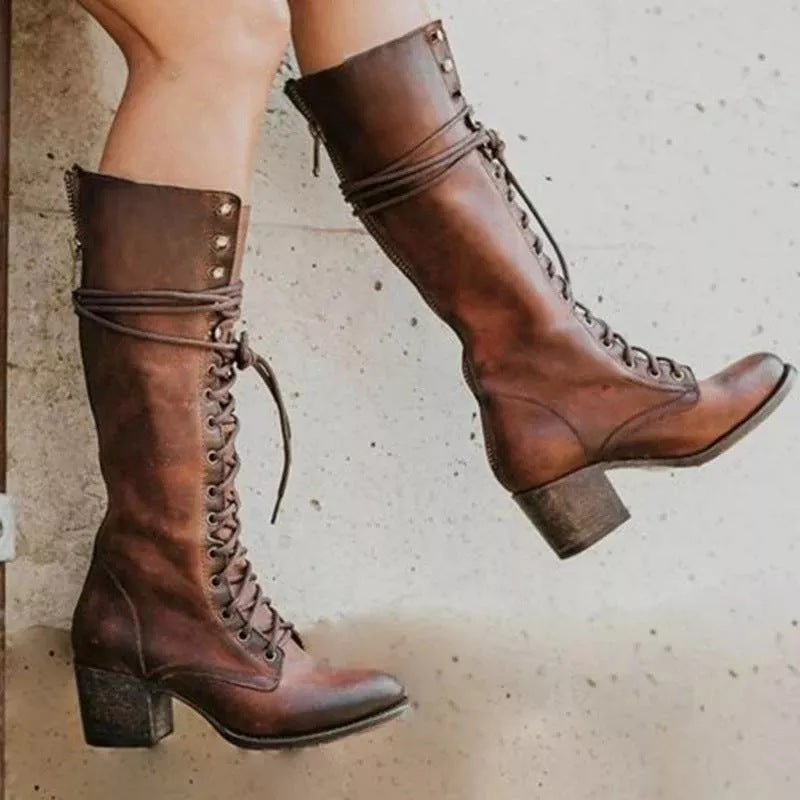 Brooklynn | Womens Warm Lined Lace Up Block Heel Knee High Winter Boots