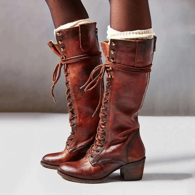 Brooklynn | Womens Warm Lined Lace Up Block Heel Knee High Winter Boots