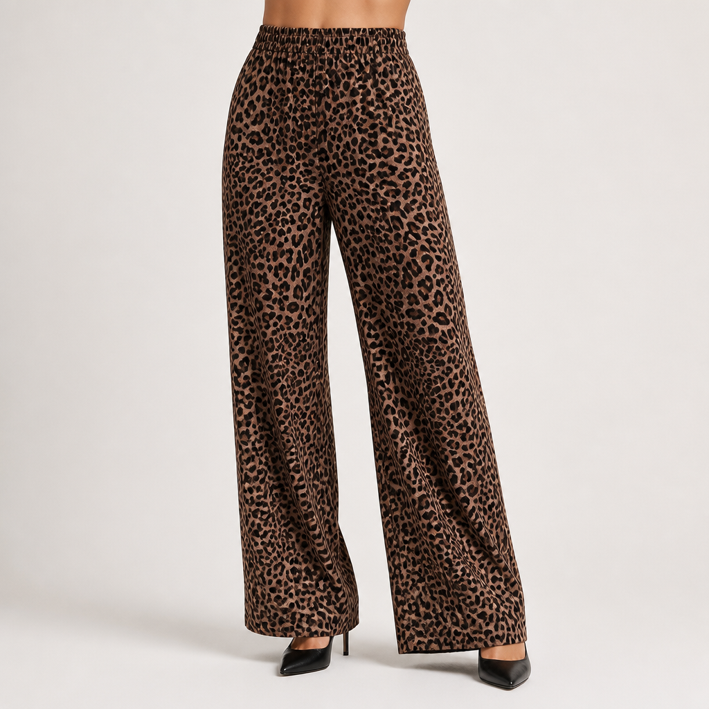 Cammie | Womens High Waisted Leopard Print Casual Wide Leg Palazzo Pants, Brown