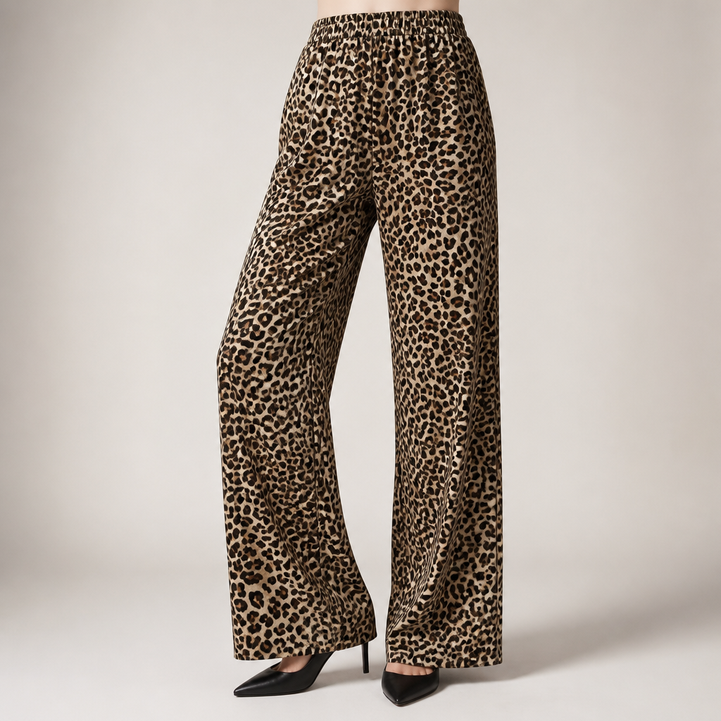 Cammie | Womens High Waisted Leopard Print Casual Wide Leg Palazzo Pants, Dark Brown