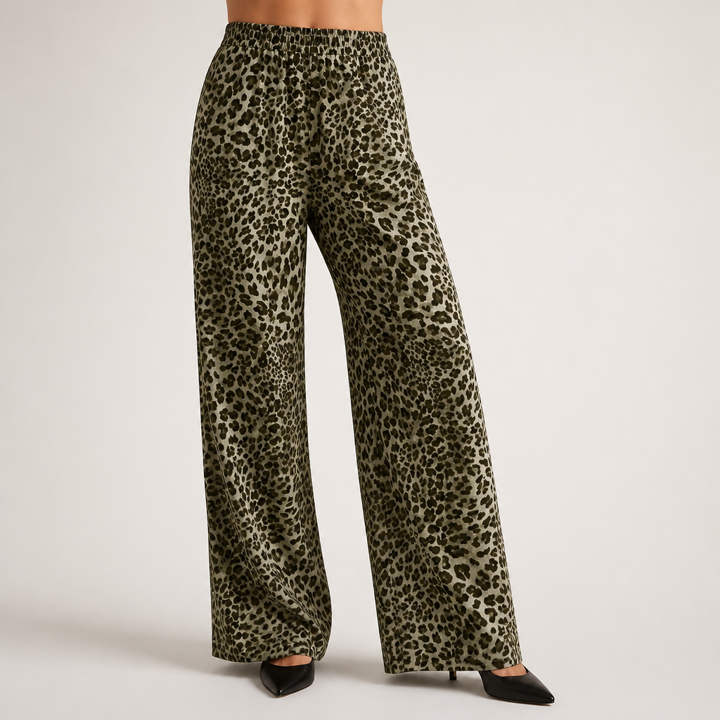 Cammie | Womens High Waisted Leopard Print Casual Wide Leg Palazzo Pants, Green