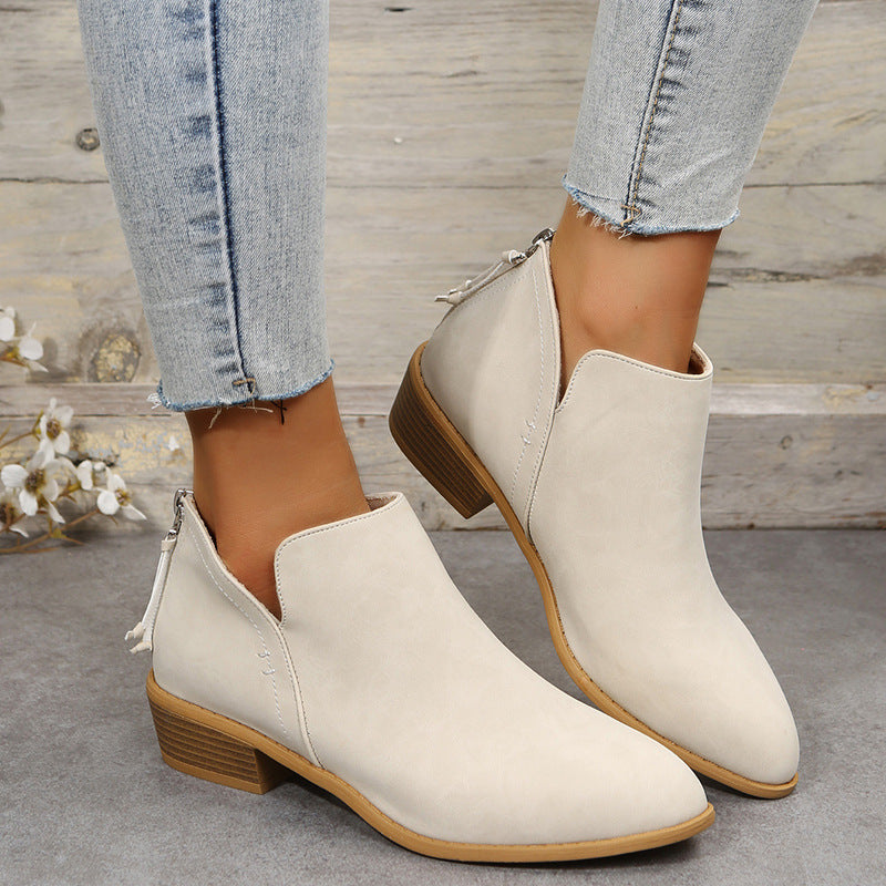 Cara | Womens Pointed Toe Chunky Block Heel Pumps Back Zip Dress Shoes