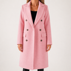 Carla | Womens Double Breasted Longline Winter Wool Coat With Pockets, Pink