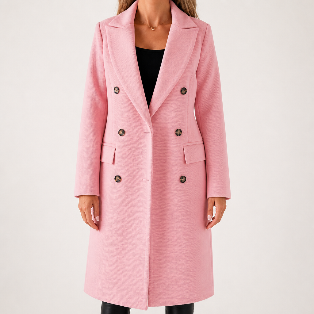 Carla | Womens Double Breasted Longline Winter Wool Coat With Pockets, Pink
