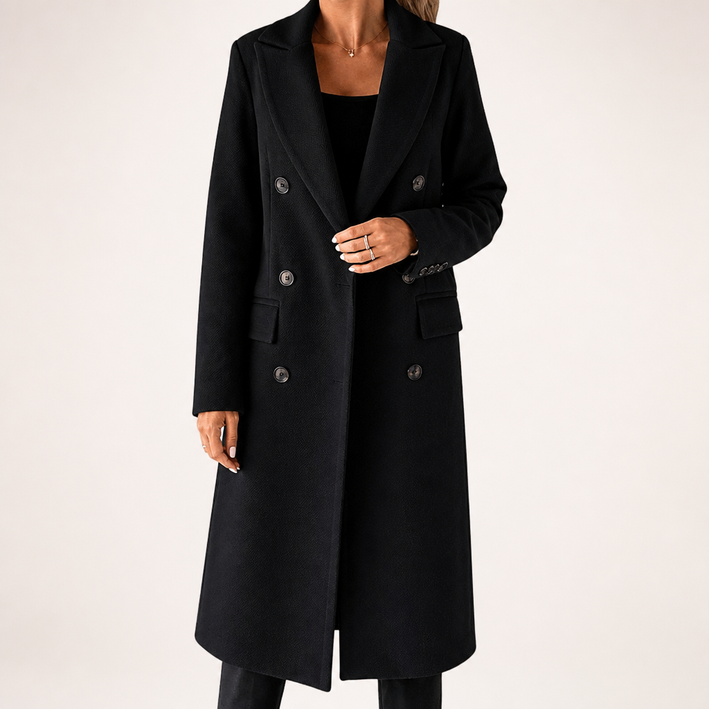 Carla | Womens Double Breasted Longline Winter Wool Coat With Pockets, Black