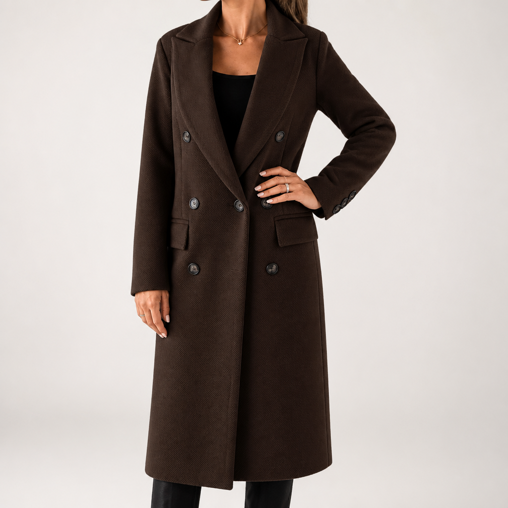 Carla | Womens Double Breasted Longline Winter Wool Coat With Pockets, Dark Brown
