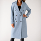 Carla | Womens Double Breasted Longline Winter Wool Coat With Pockets, Sky Blue