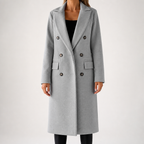 Carla | Womens Double Breasted Longline Winter Wool Coat With Pockets, Light Grey