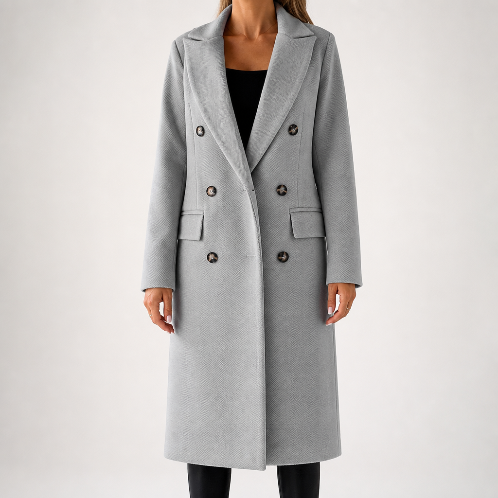 Carla | Womens Double Breasted Longline Winter Wool Coat With Pockets, Light Grey
