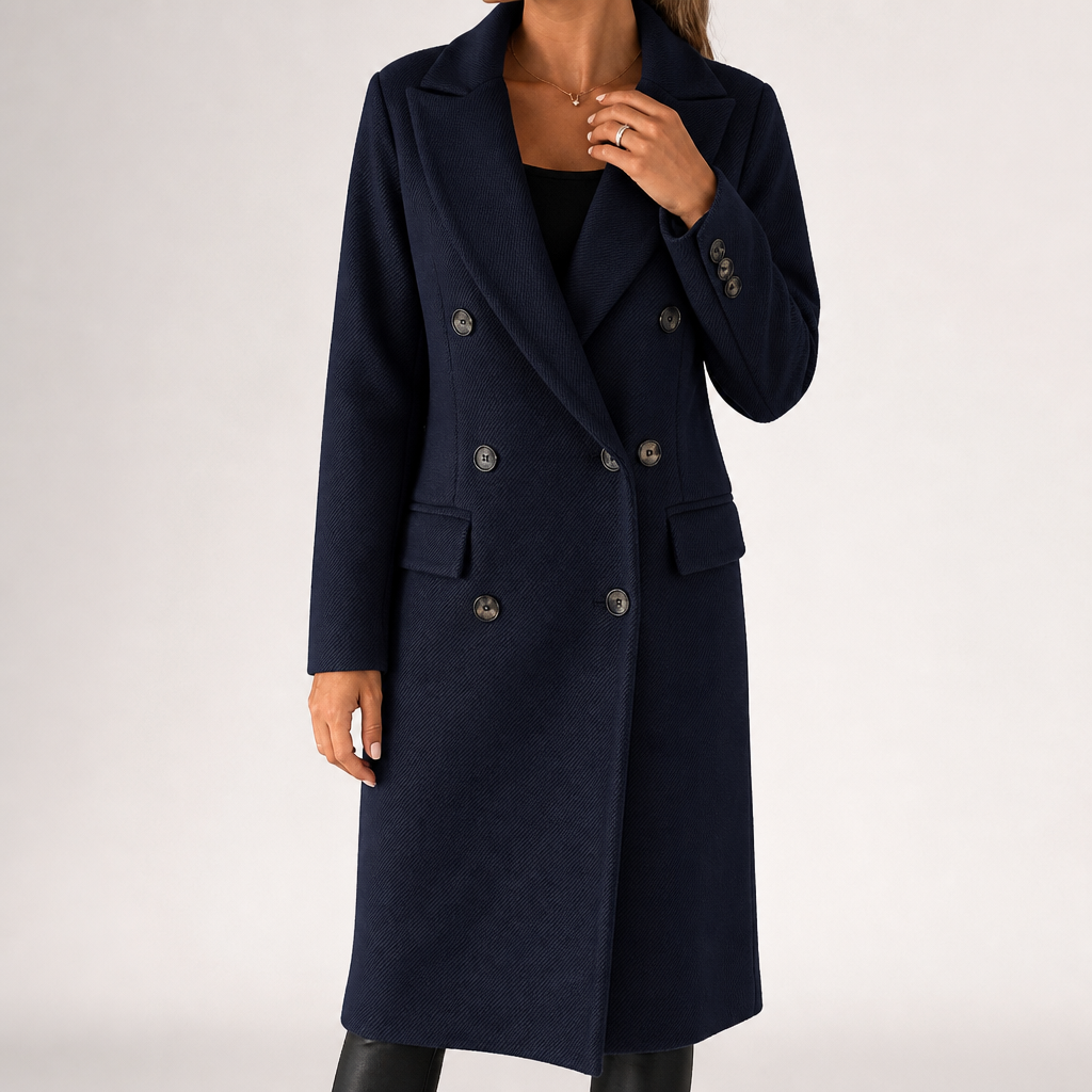 Carla | Womens Double Breasted Longline Winter Wool Coat With Pockets, Dark Blue