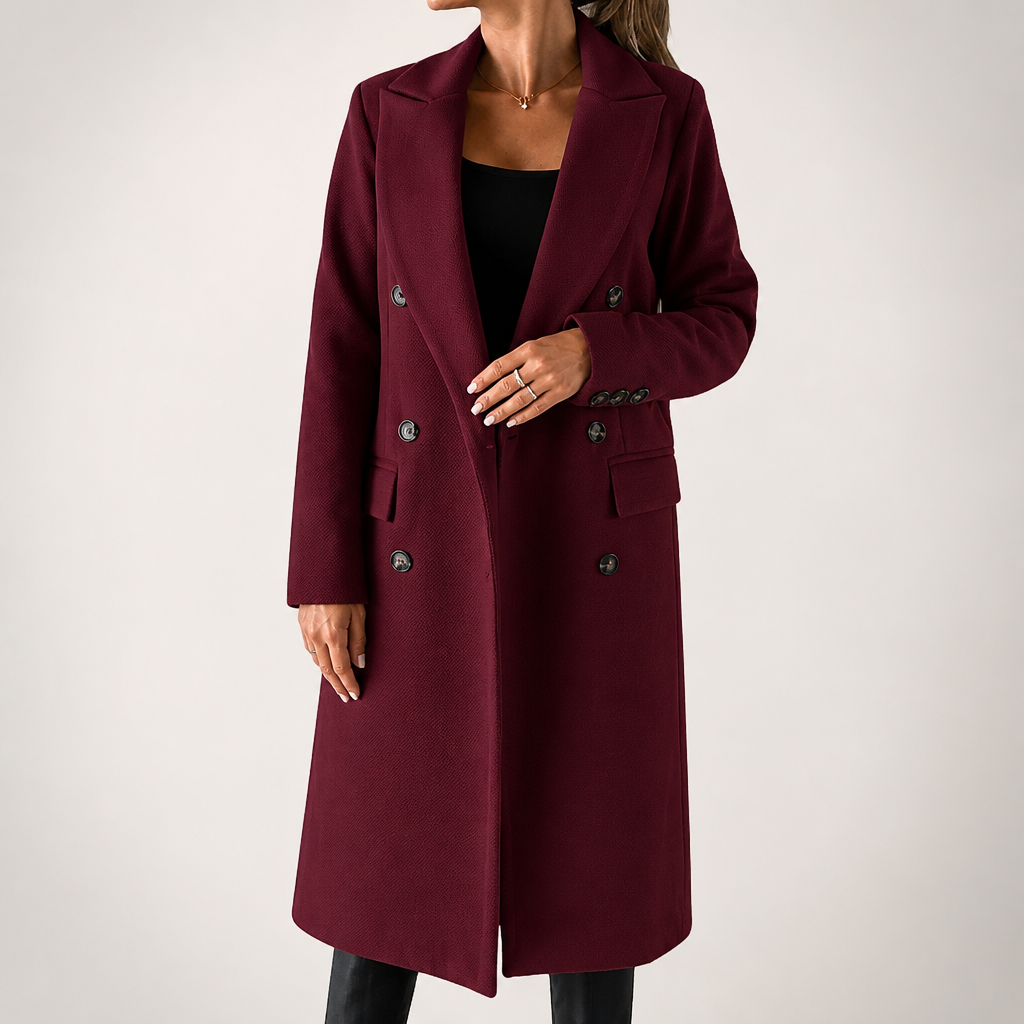 Carla | Womens Double Breasted Longline Winter Wool Coat With Pockets, Wine Red