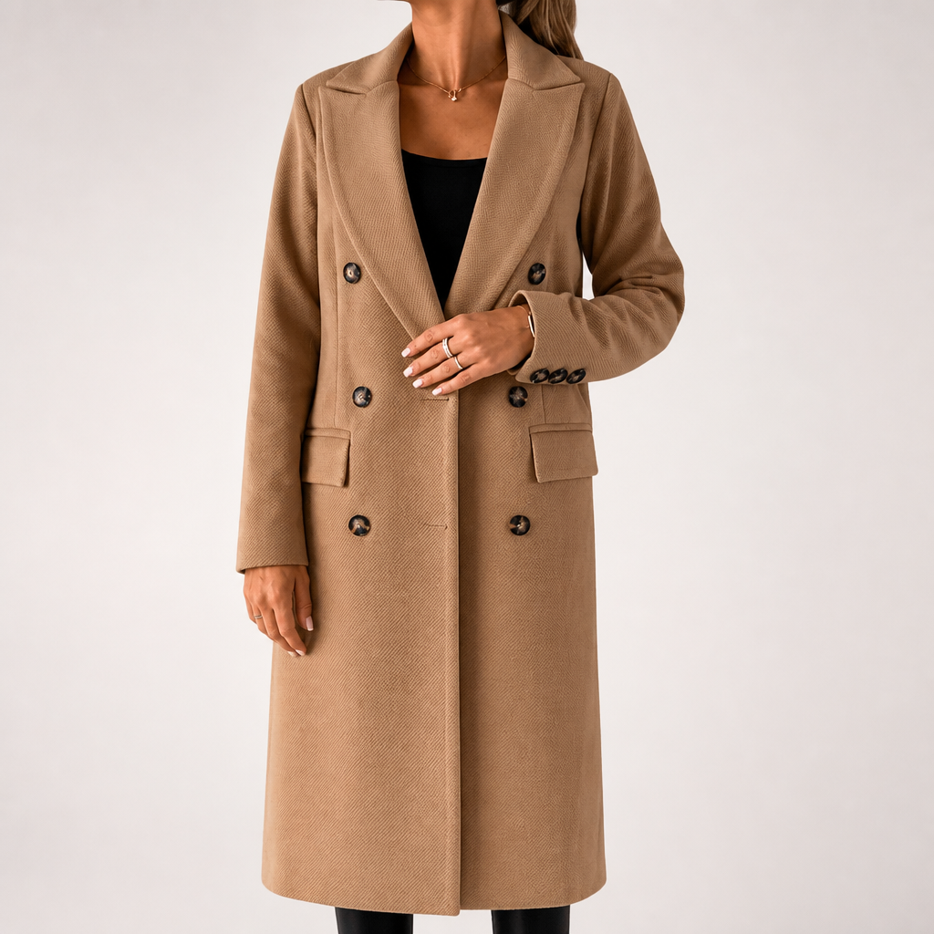 Carla | Womens Double Breasted Longline Winter Wool Coat With Pockets, Khaki