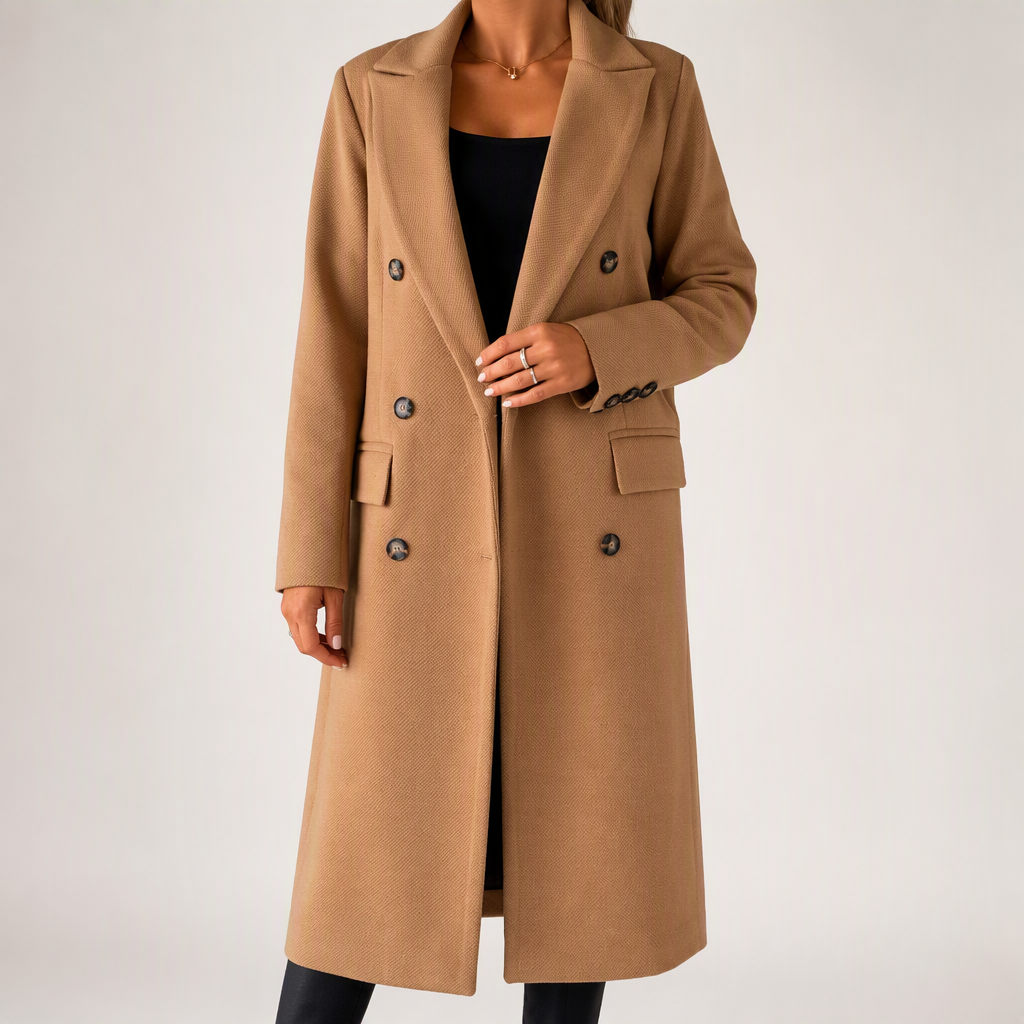 Carla | Womens Double Breasted Longline Winter Wool Coat With Pockets, Beige