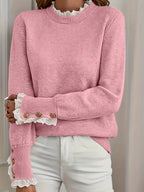 Carlene | Womens Lace Trim Crew Neck Soft Relaxed Knit Pullover Sweater, Pink