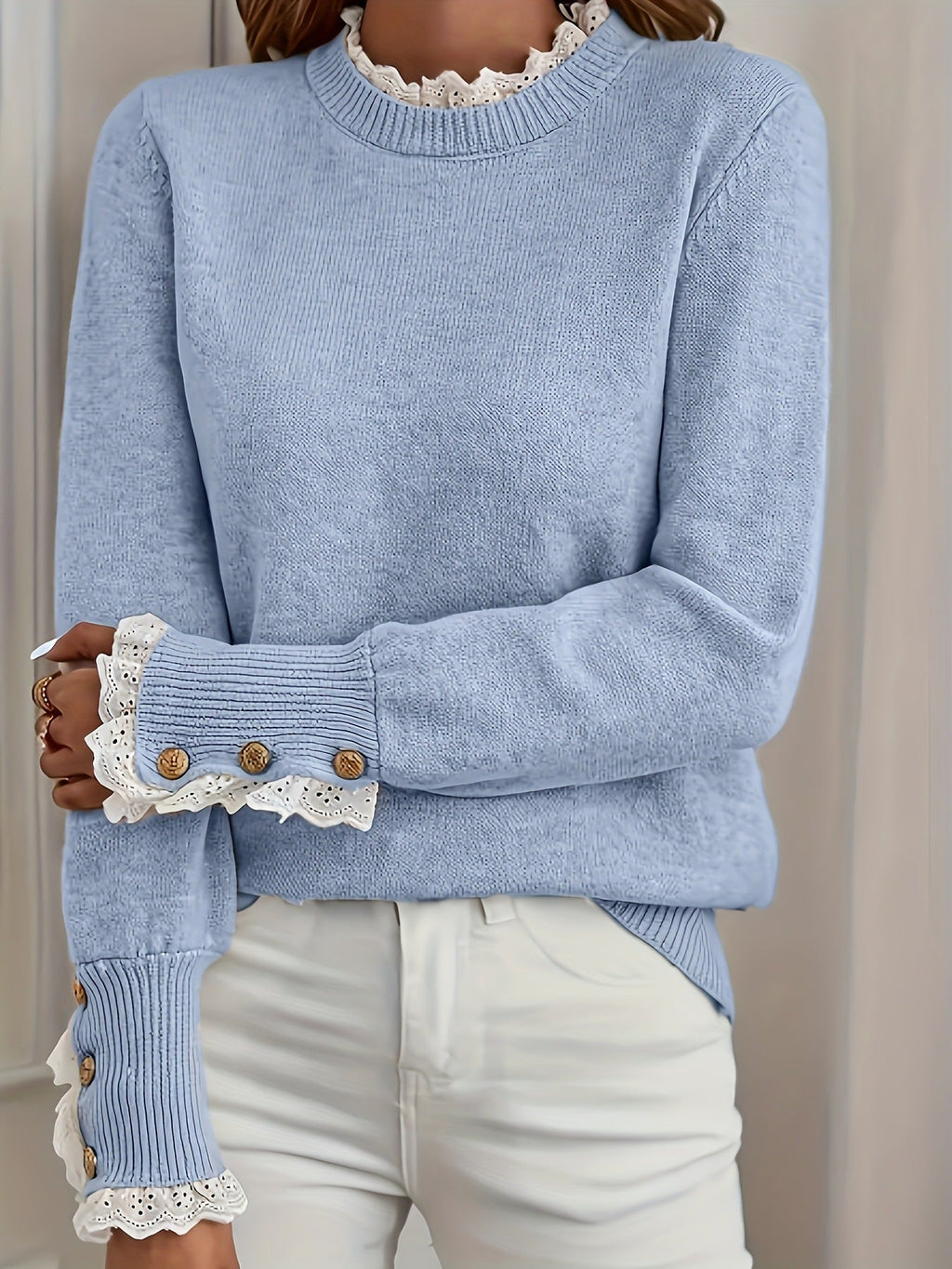 Carlene | Womens Lace Trim Crew Neck Soft Relaxed Knit Pullover Sweater, Sky Blue