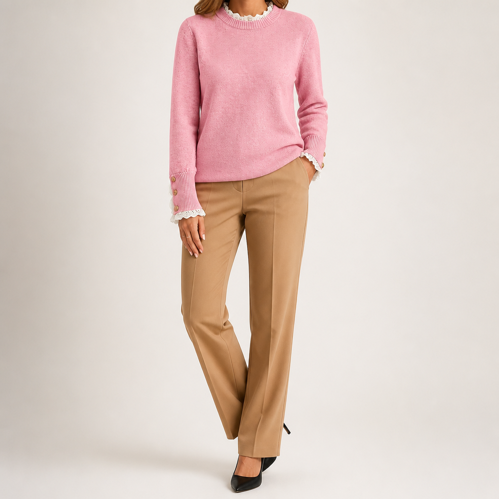 Carlene | Womens Lace Trim Crew Neck Soft Relaxed Knit Pullover Sweater, Pink