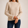 Carlene | Womens Lace Trim Crew Neck Soft Relaxed Knit Pullover Sweater, Apricot