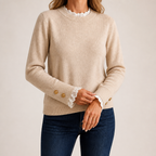 Carlene | Womens Lace Trim Crew Neck Soft Relaxed Knit Pullover Sweater, Apricot