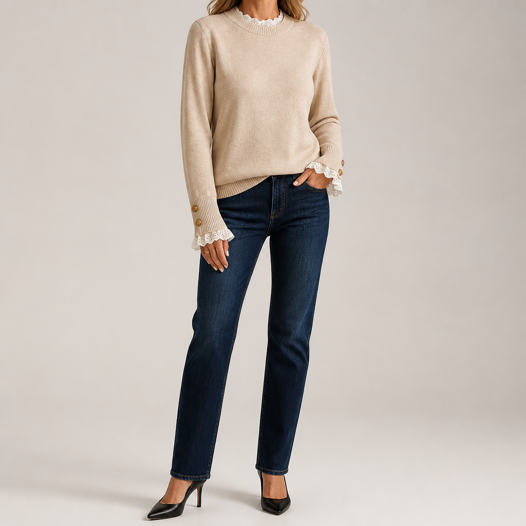 Carlene | Womens Lace Trim Crew Neck Soft Relaxed Knit Pullover Sweater, Apricot
