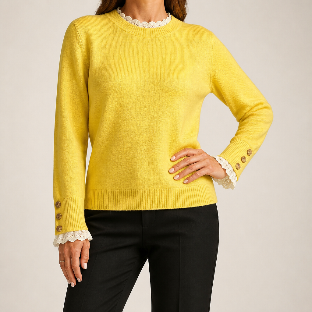 Carlene | Womens Lace Trim Crew Neck Soft Relaxed Knit Pullover Sweater, Yellow