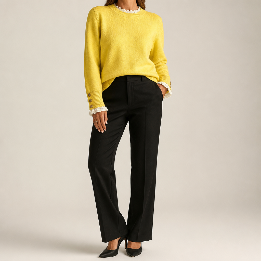 Carlene | Womens Lace Trim Crew Neck Soft Relaxed Knit Pullover Sweater, Yellow