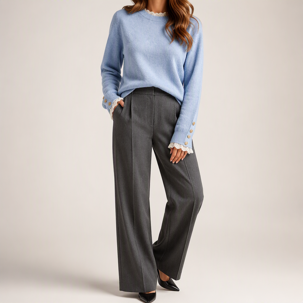 Carlene | Womens Lace Trim Crew Neck Soft Relaxed Knit Pullover Sweater, Sky Blue