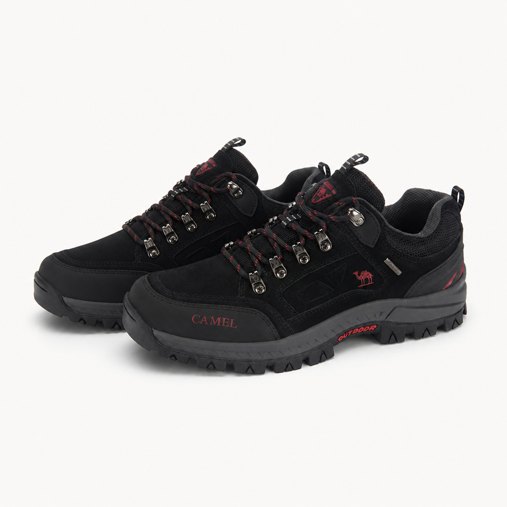 Caroline | Womens Waterproof Leather Non Slip Walking Hiking Shoes, Black Red